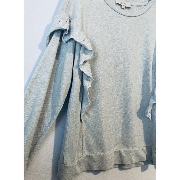 LOFT Sweater Womens Large Embroidered Ruffle Sleeve Sweatshirt Gray Cotton Boho - Picture 4 of 10